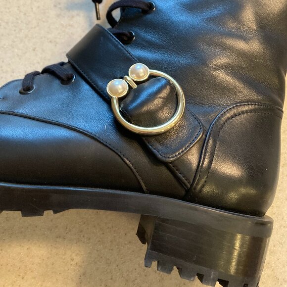 Stuart Weitzman Black Leather Ankle Combat Boots Pearl Ring Women US Size 7 - Picture 14 of 16